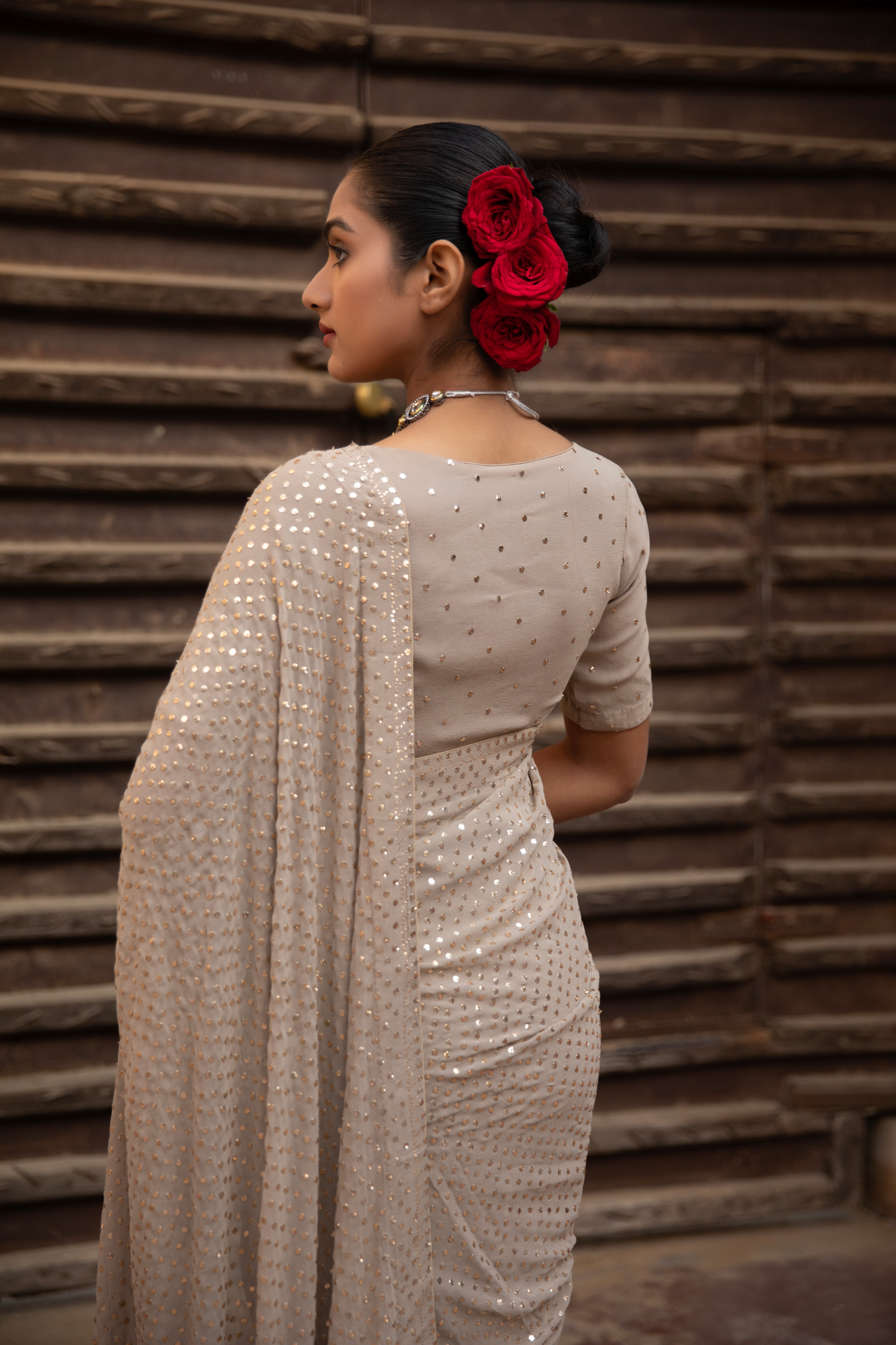 Hazelnut Pure Georgette Badla Saree and Blouse