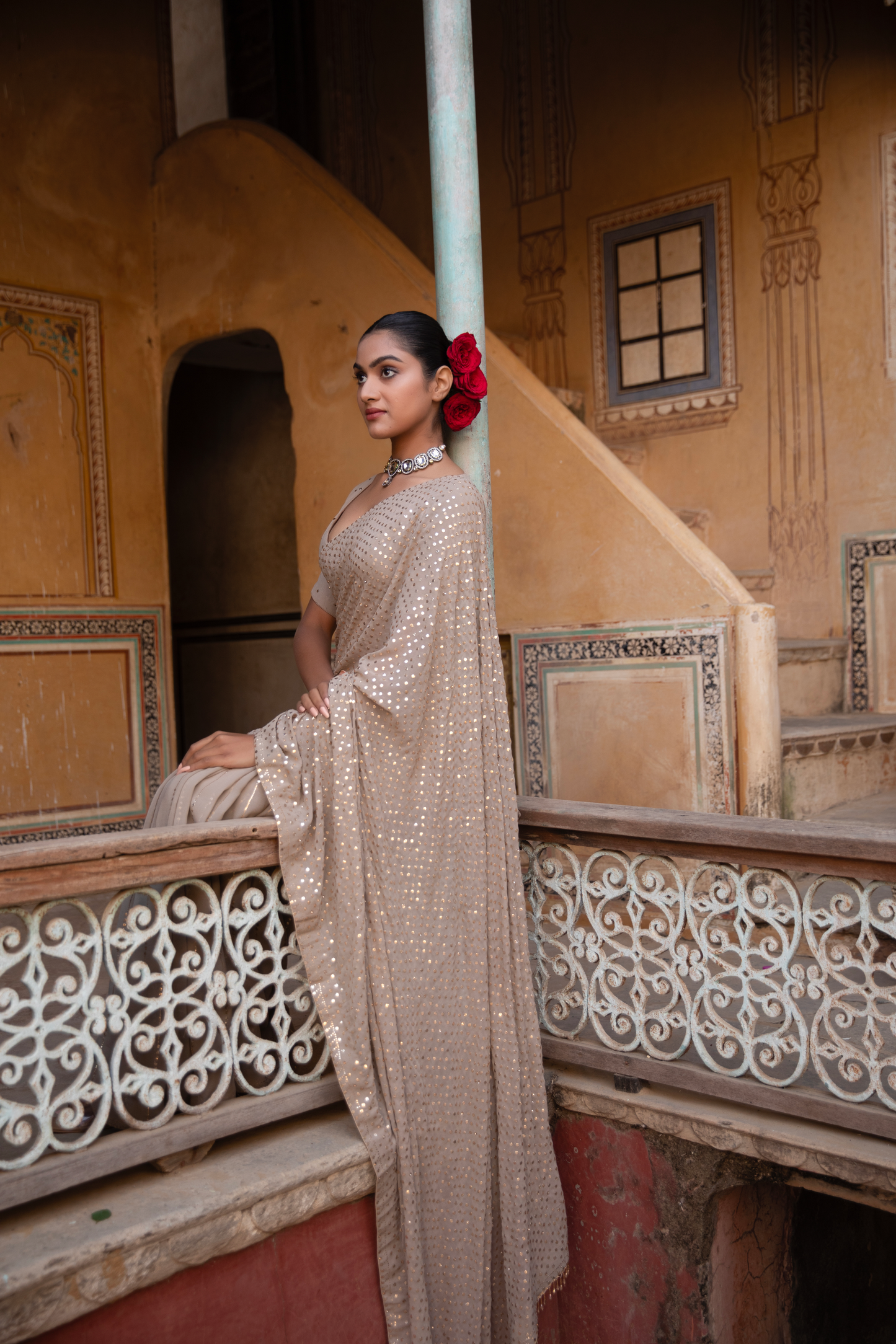 Hazelnut Pure Georgette Badla Saree and Blouse