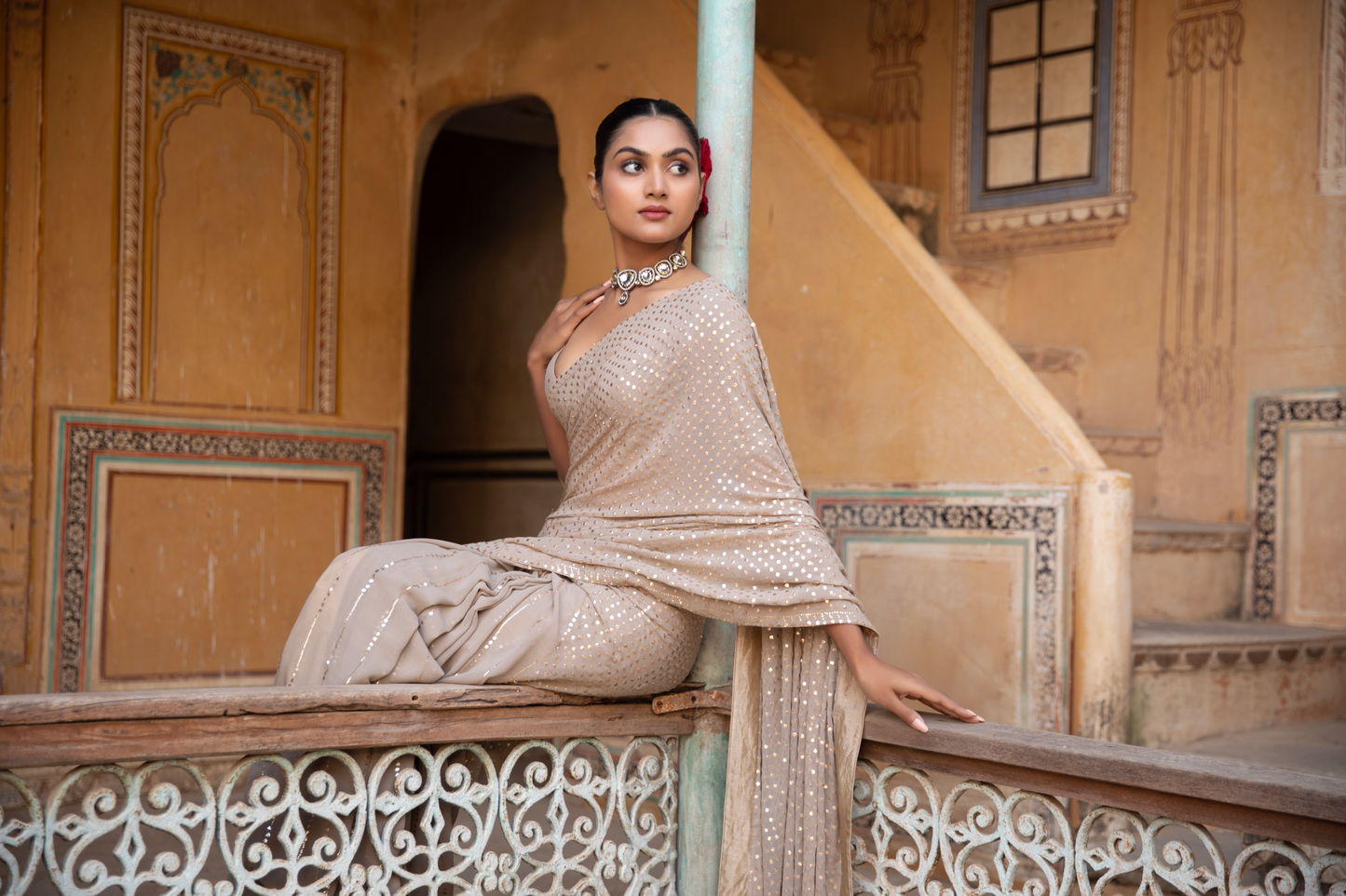Hazelnut Pure Georgette Badla Saree and Blouse