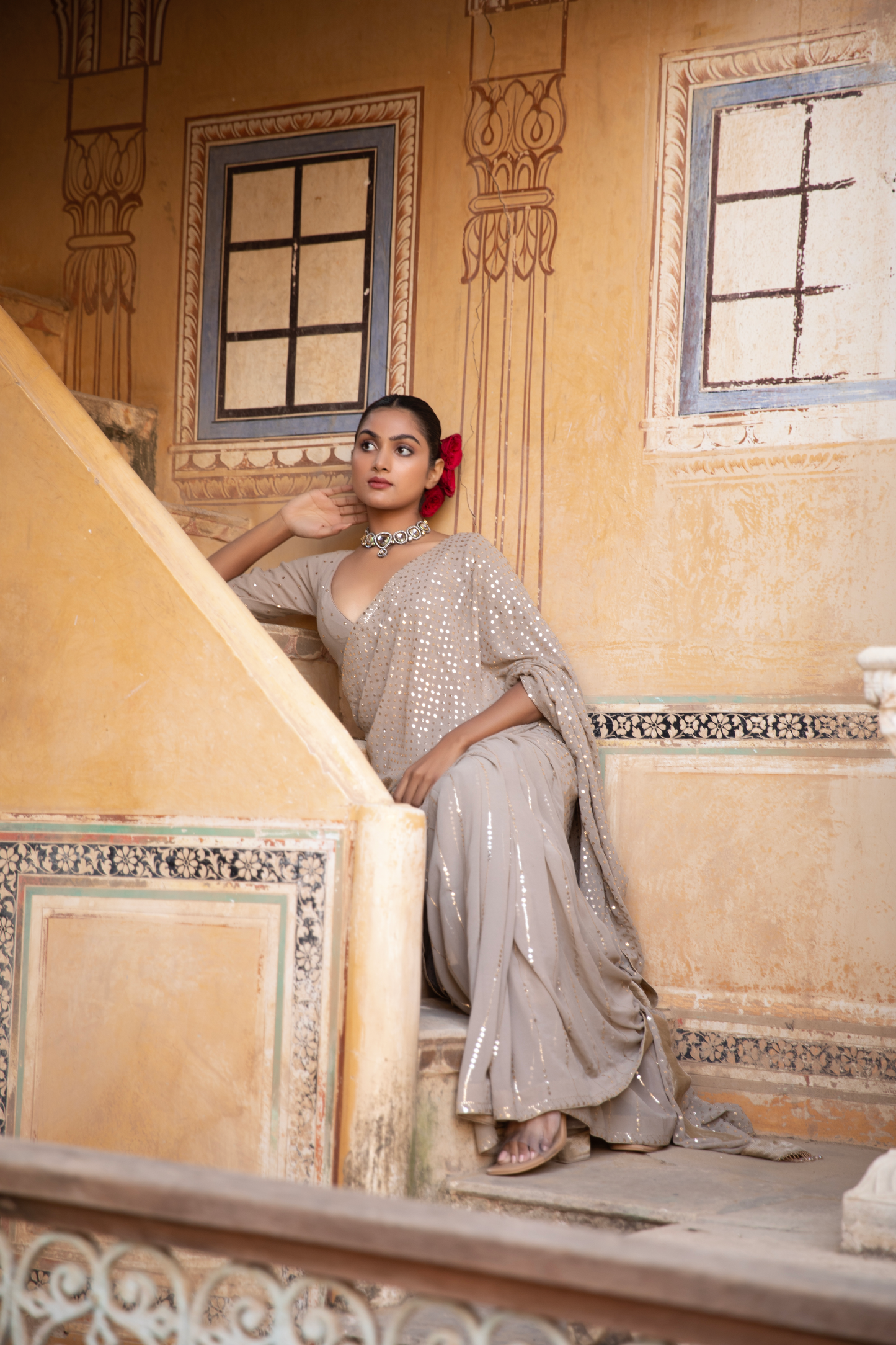 Hazelnut Pure Georgette Badla Saree and Blouse