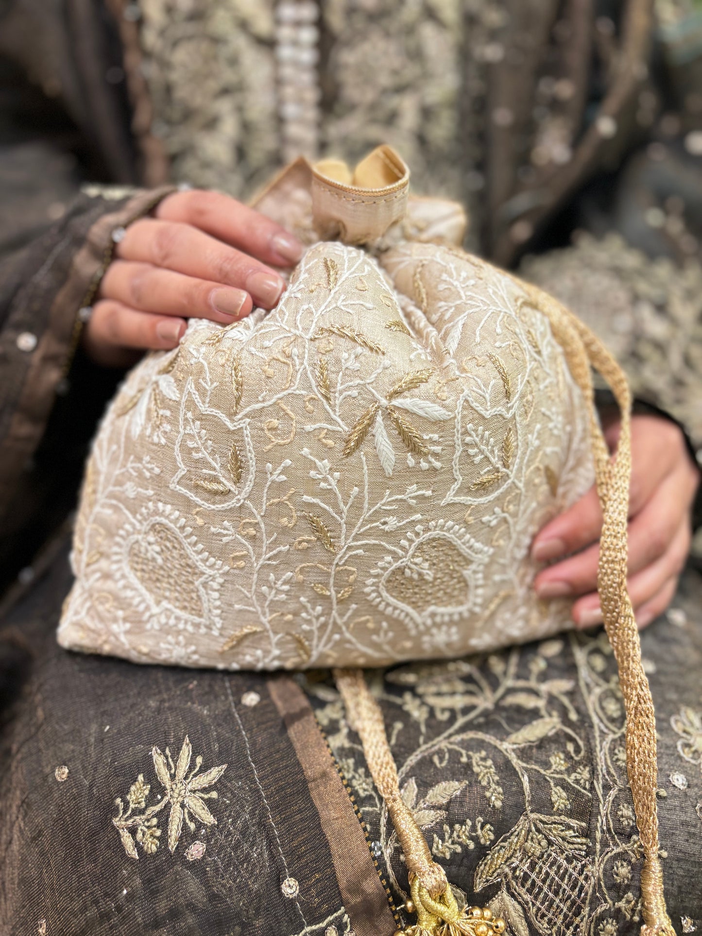 Beige Silk Chikankari Potli