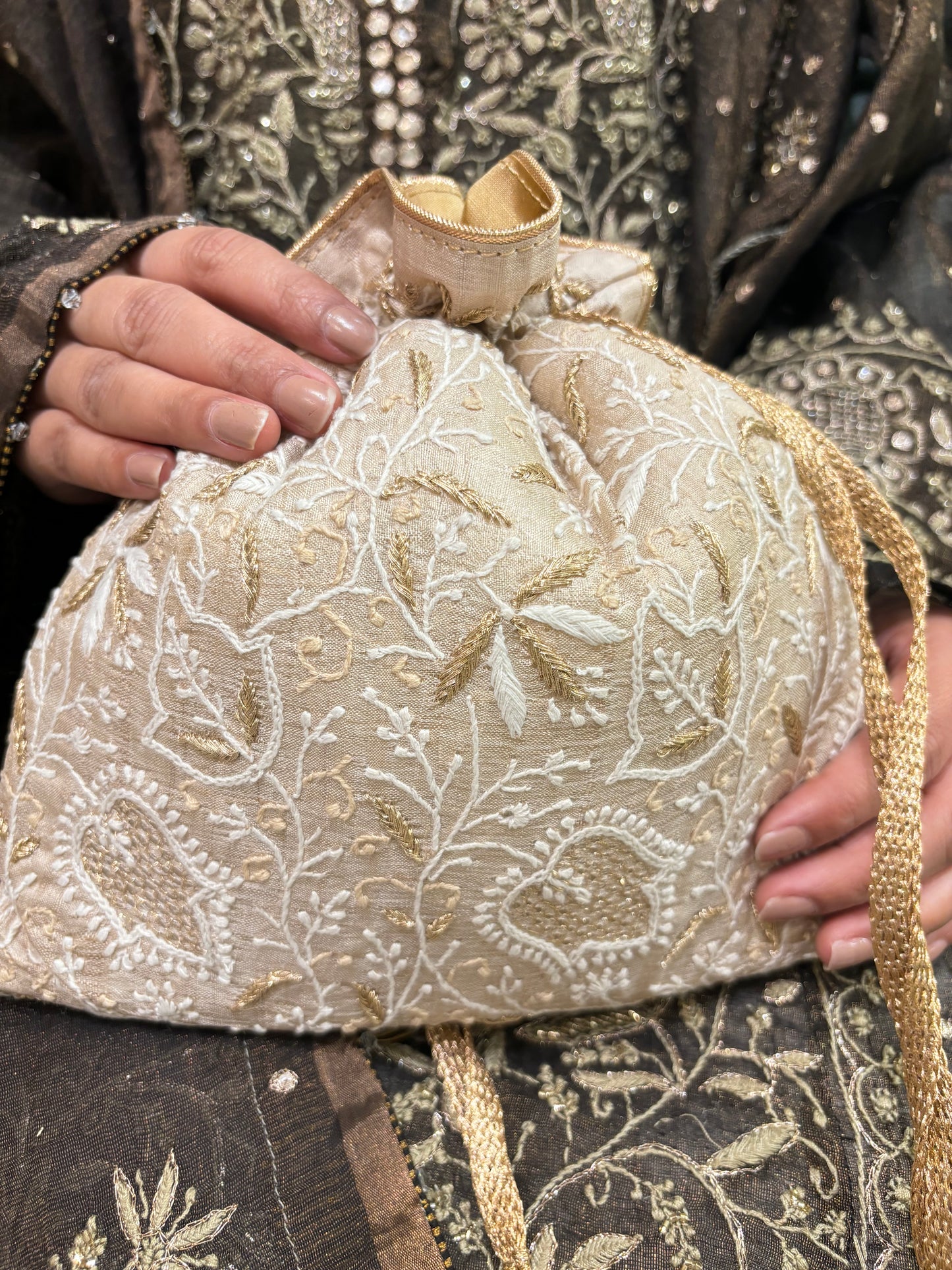 Beige Silk Chikankari Potli