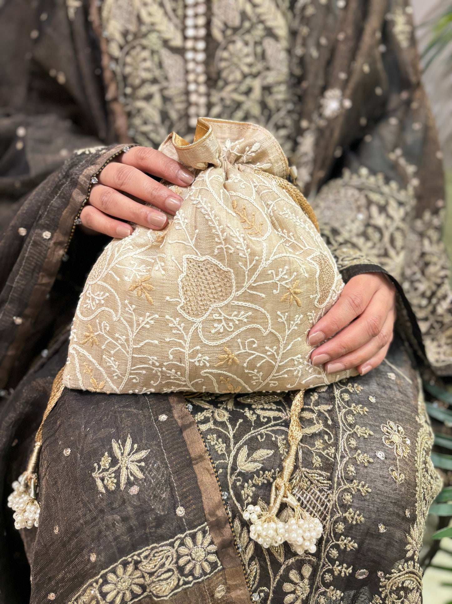 Beige Silk Chikankari Potli