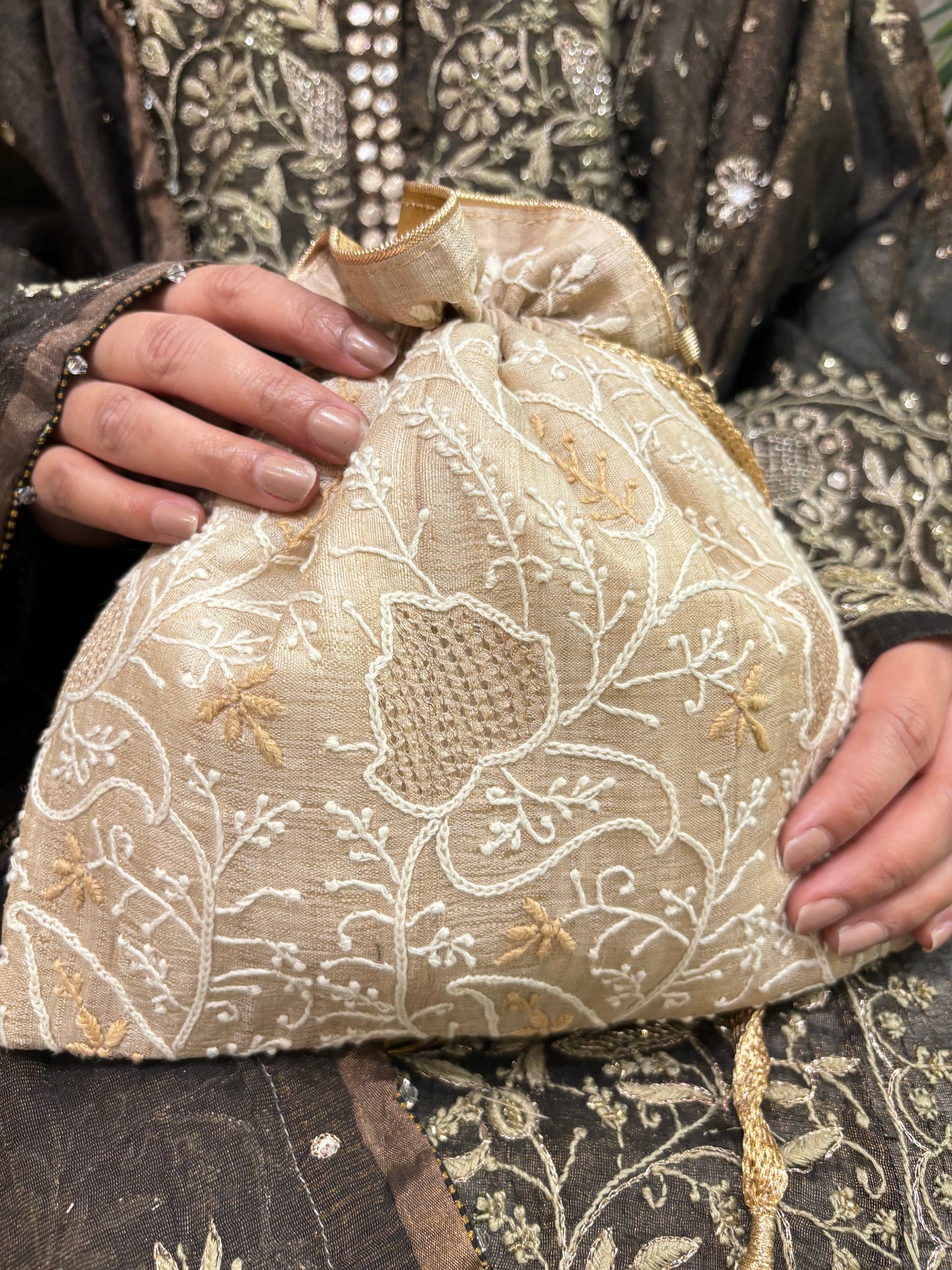 Beige Silk Chikankari Potli