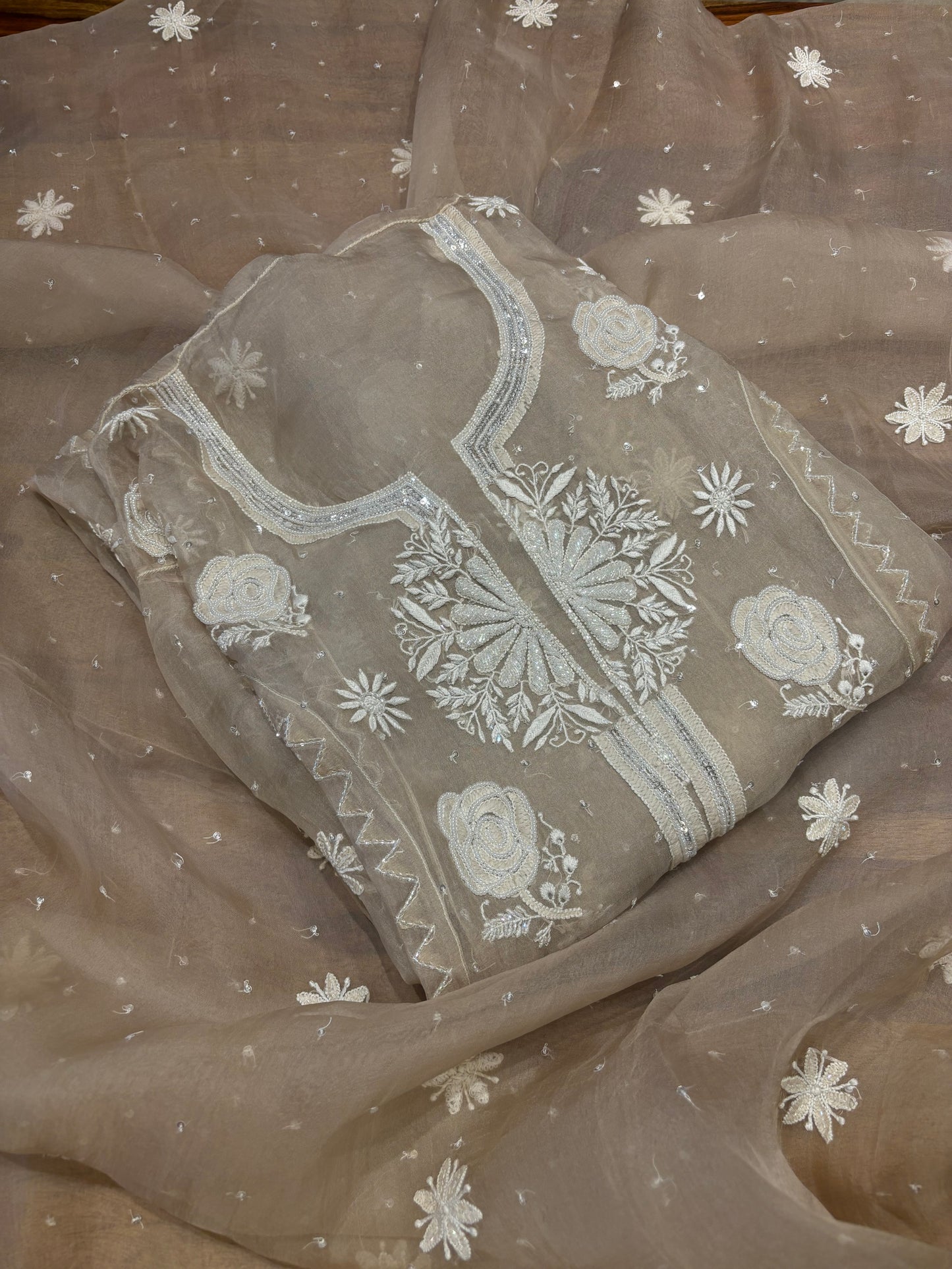 Golden Beige Organza Silk Chikankari Kurta and Dupatta