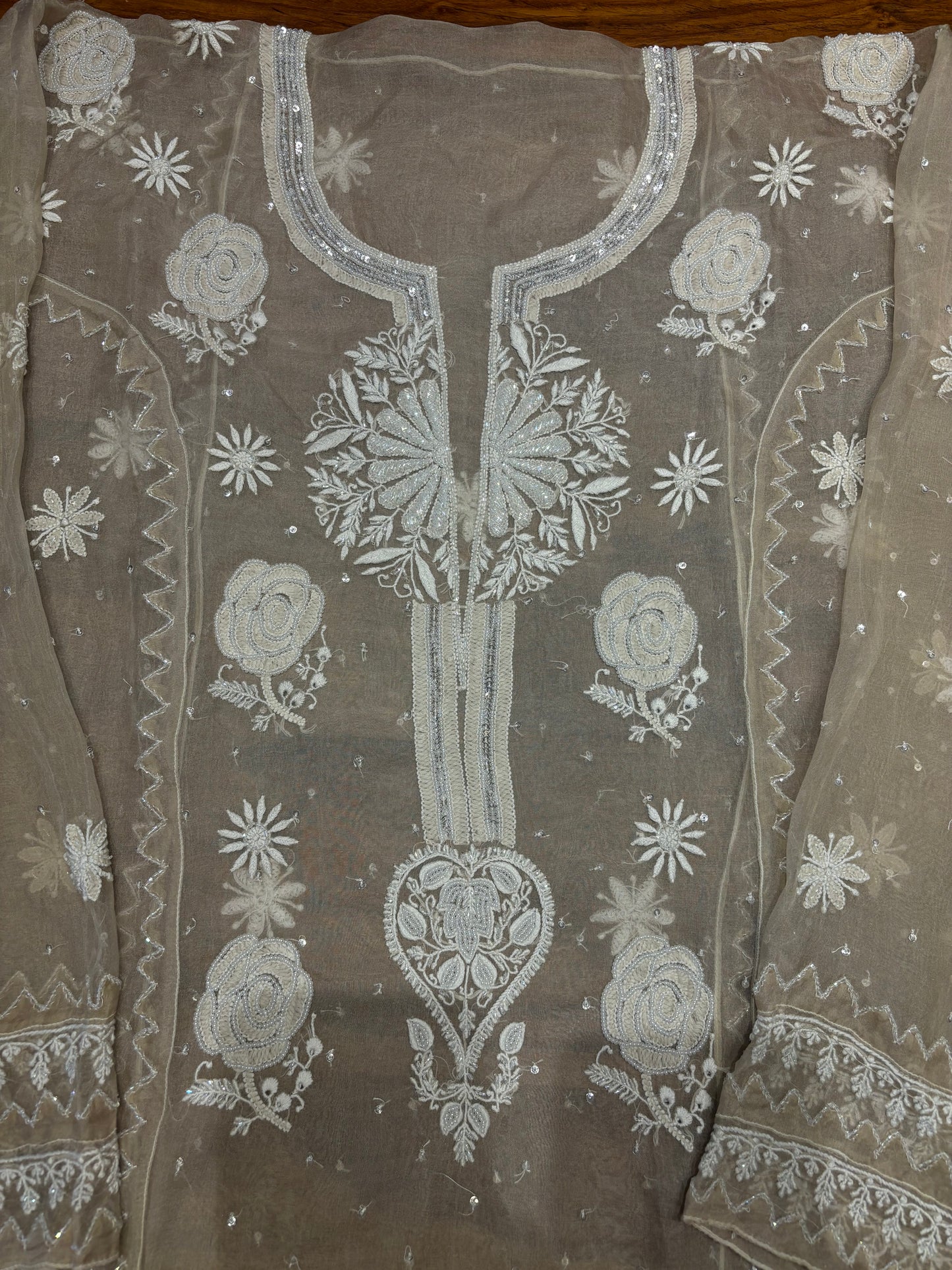 Golden Beige Organza Silk Chikankari Kurta and Dupatta
