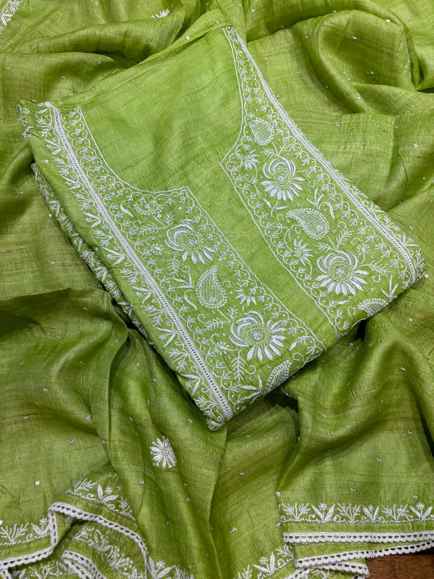 Green Silk Chikankari Kurta and Dupatta