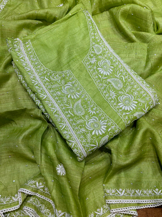 Green Silk Chikankari Kurta and Dupatta