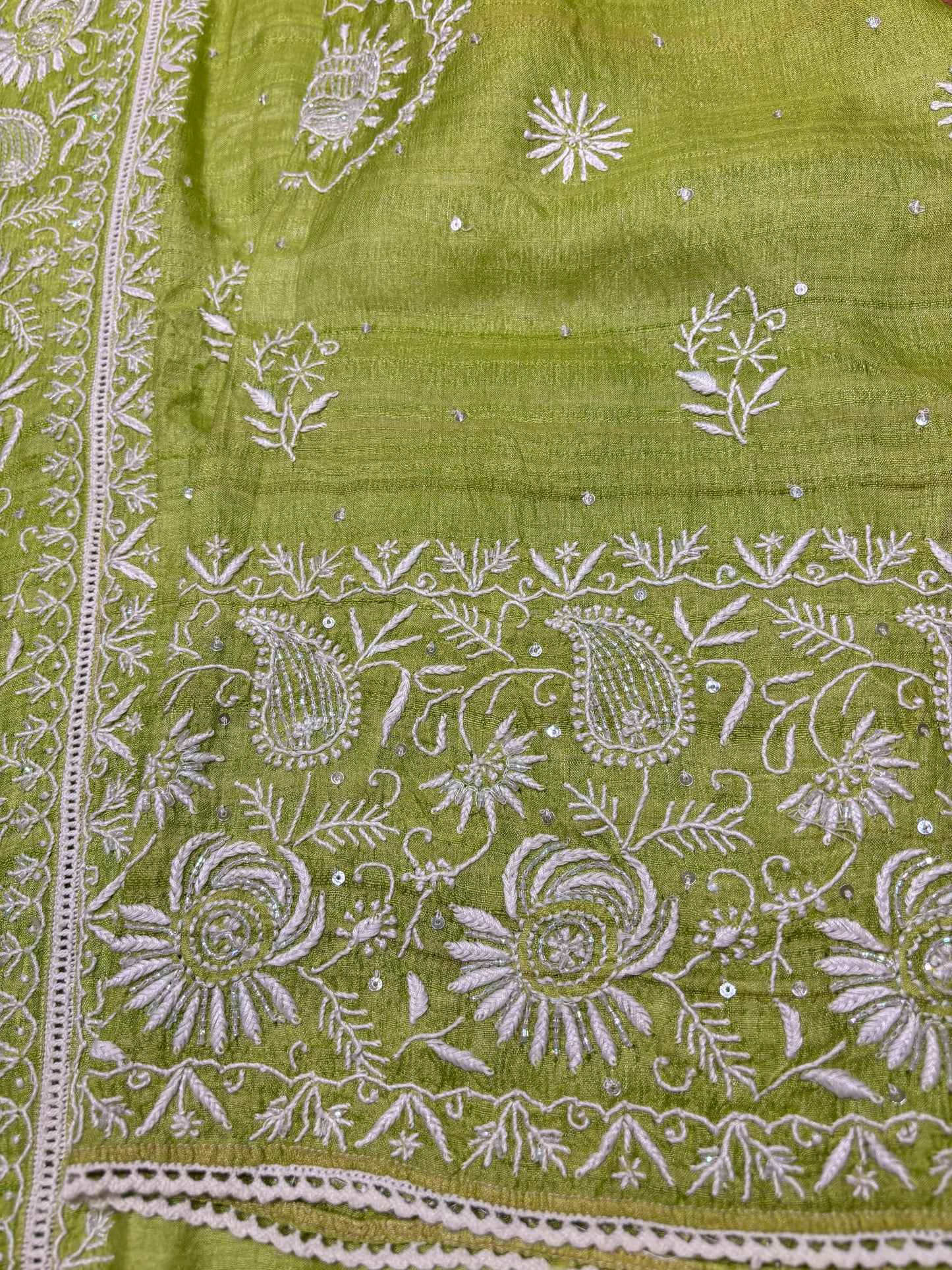 Green Silk Chikankari Kurta and Dupatta