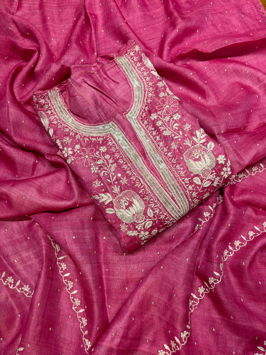 Fuchsia Pink Silk Chikankari Anarkali and Dupatta