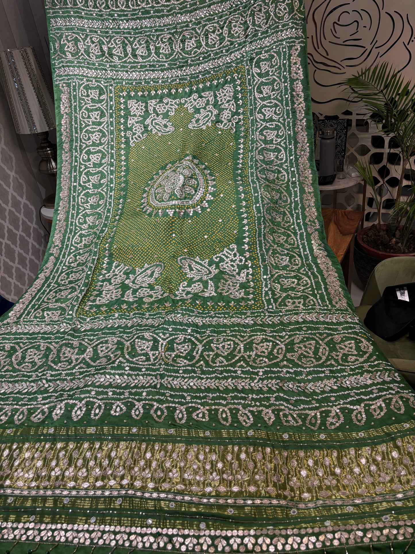 Bottle Green Bandhej Gajji Silk Dupatta