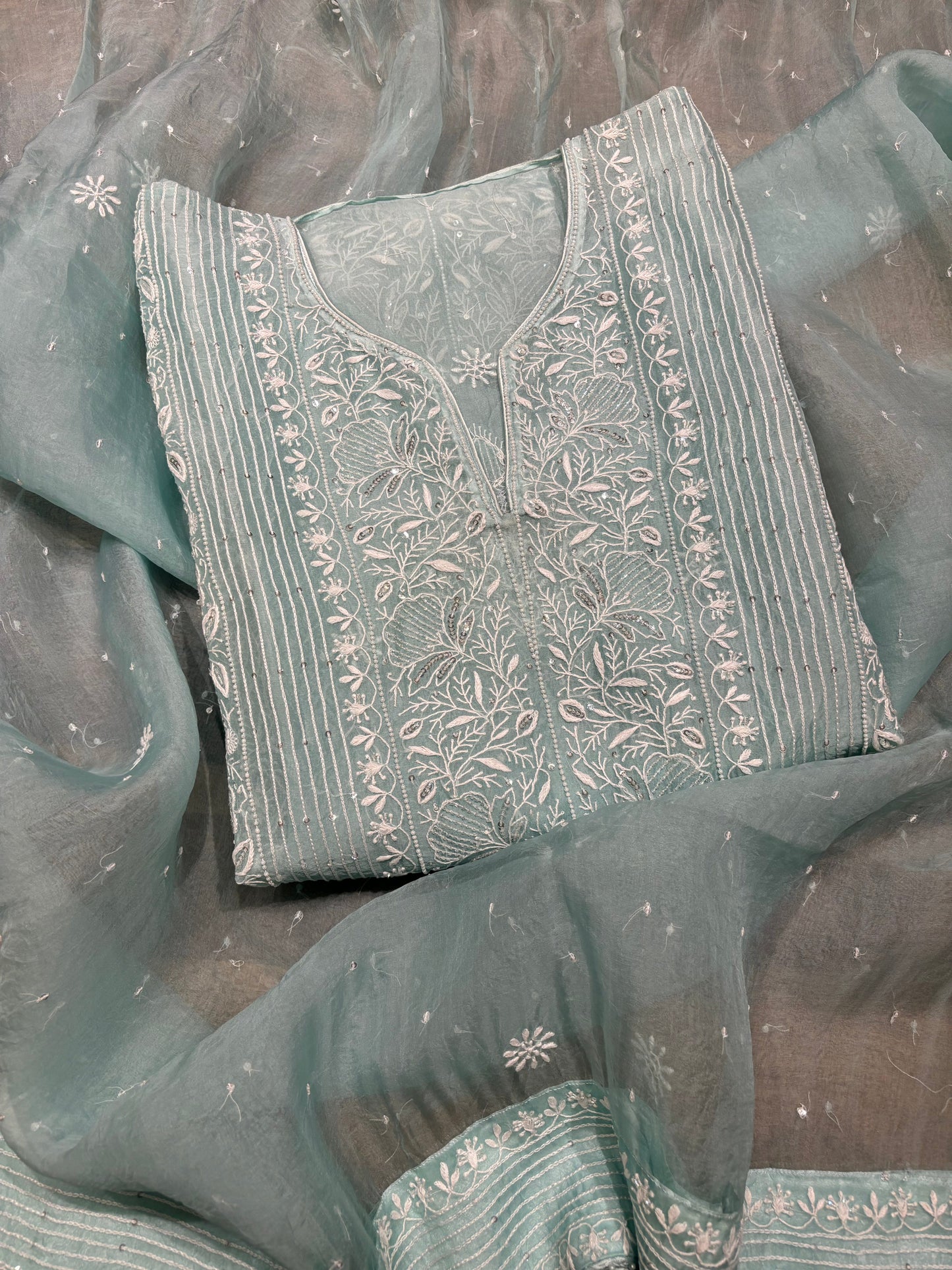 Cadet Blue Organza Silk Chikankari Kurta and Dupatta