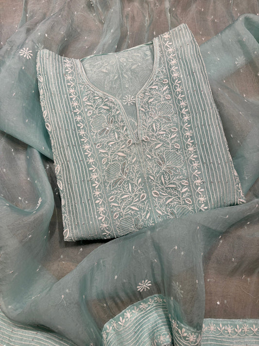 Cadet Blue Organza Silk Chikankari Kurta and Dupatta