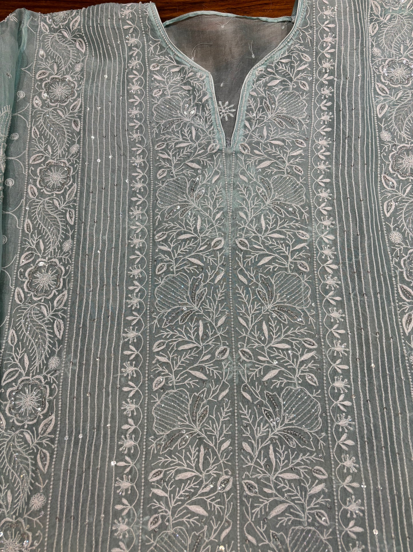 Cadet Blue Organza Silk Chikankari Kurta and Dupatta