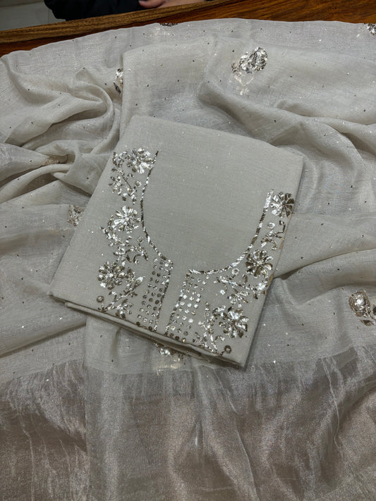 Dyeable Silver Pure Tissue Badla Kurta and Dupatta Fabric