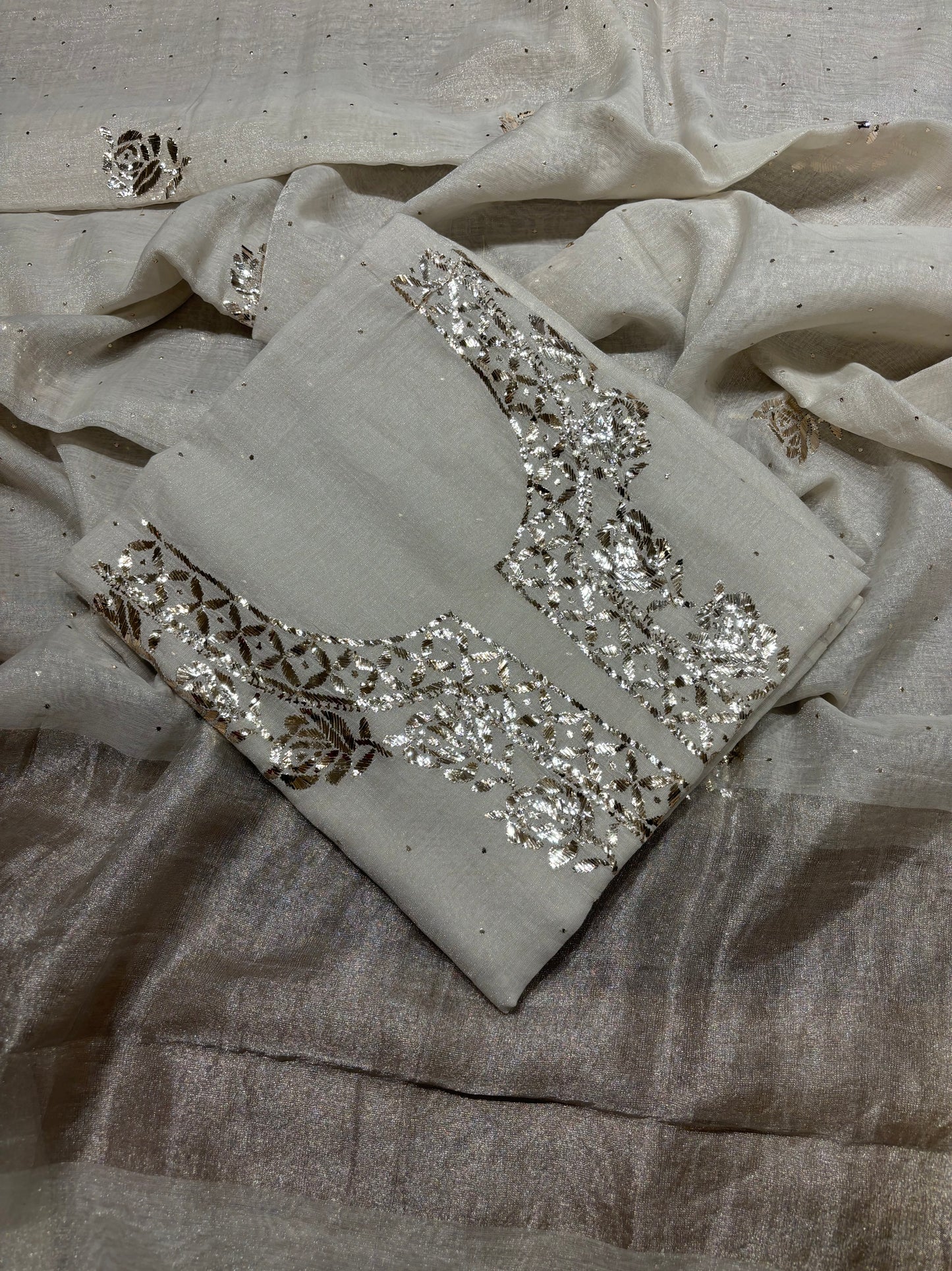 Dyeable Silver Pure Tissue Badla Kurta and Dupatta Fabric