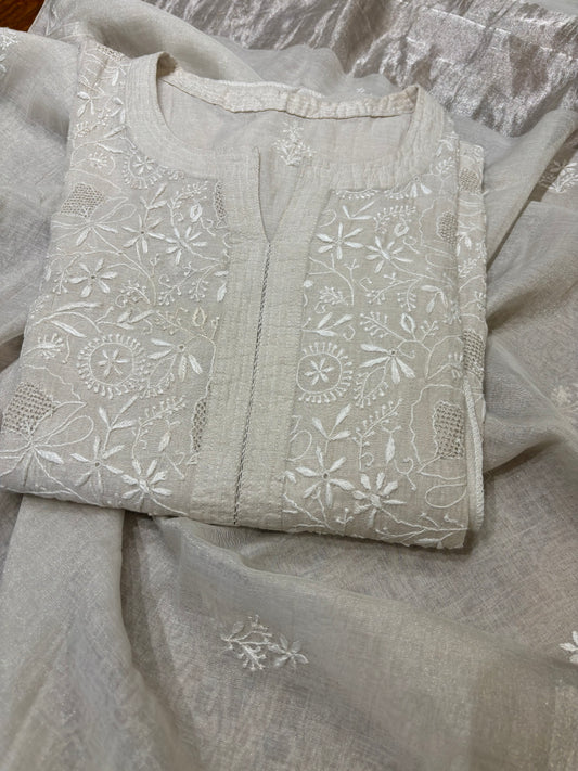 Dyeable Silver Pure Tissue Chikankari Kurta & Dupatta