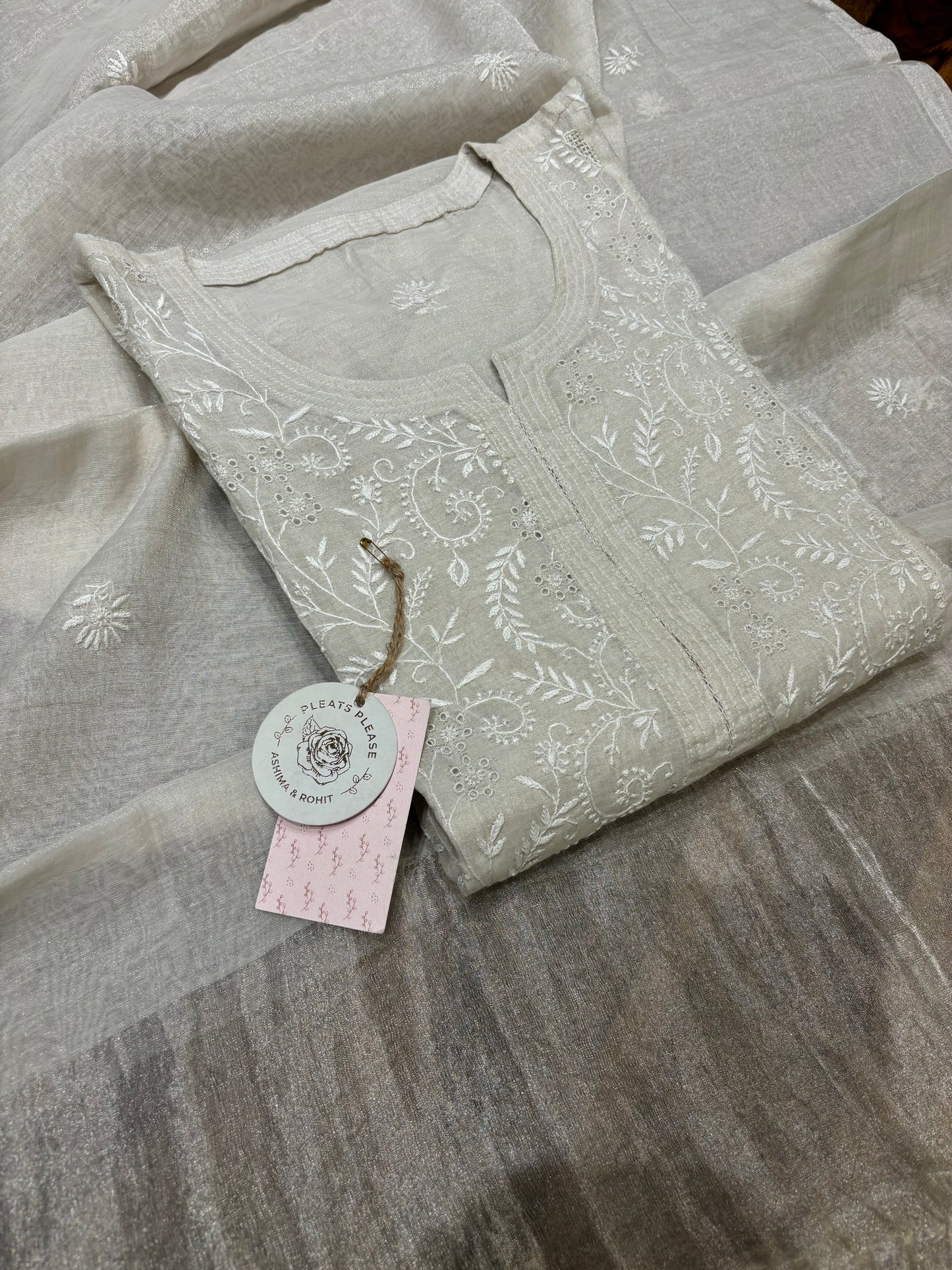 Dyeable Silver Pure Tissue Chikankari Kurta & Dupatta