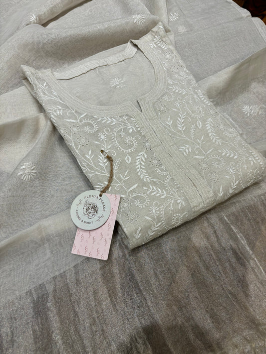 Dyeable Silver Pure Tissue Chikankari Kurta & Dupatta