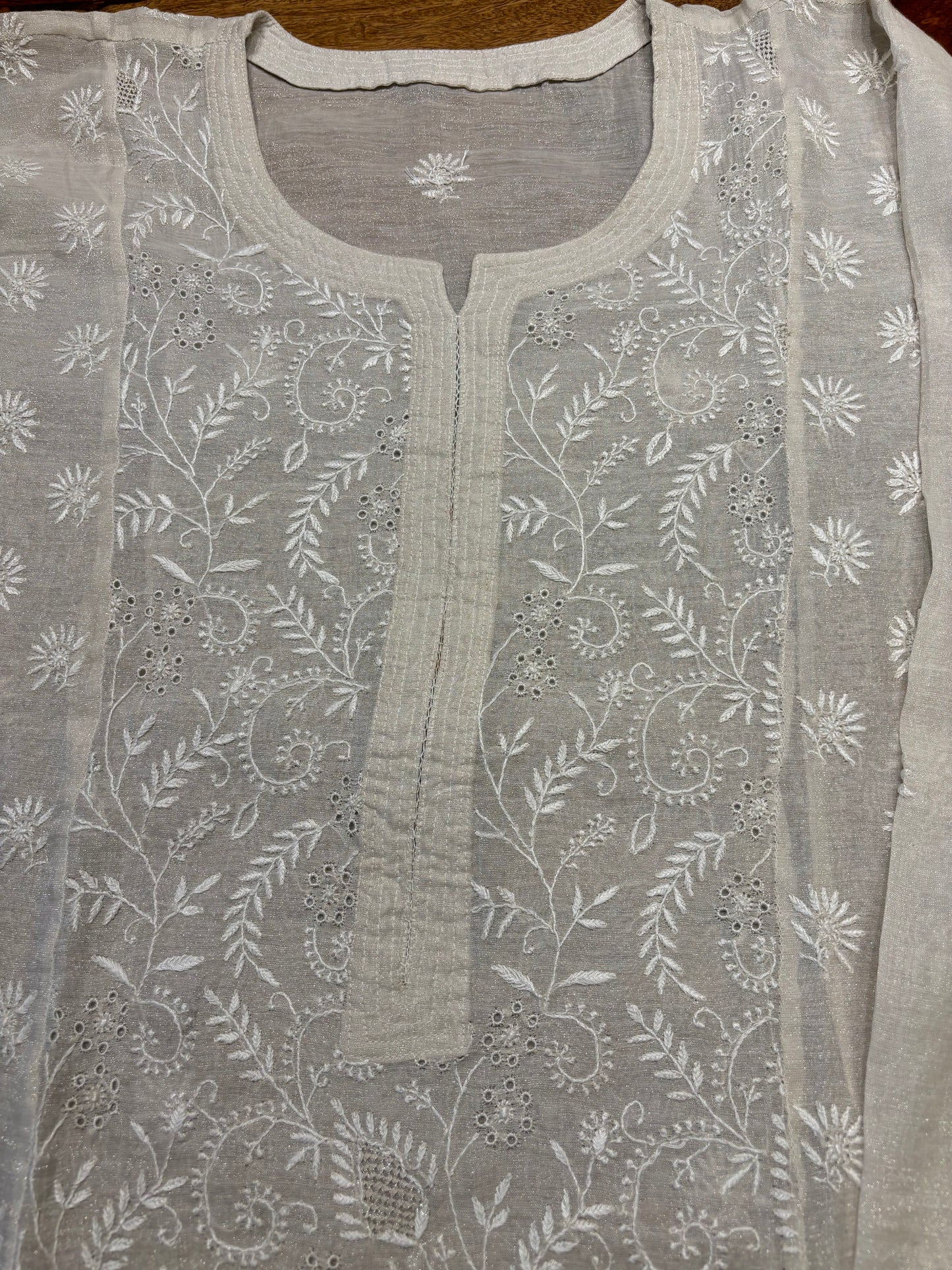 Dyeable Silver Pure Tissue Chikankari Kurta & Dupatta