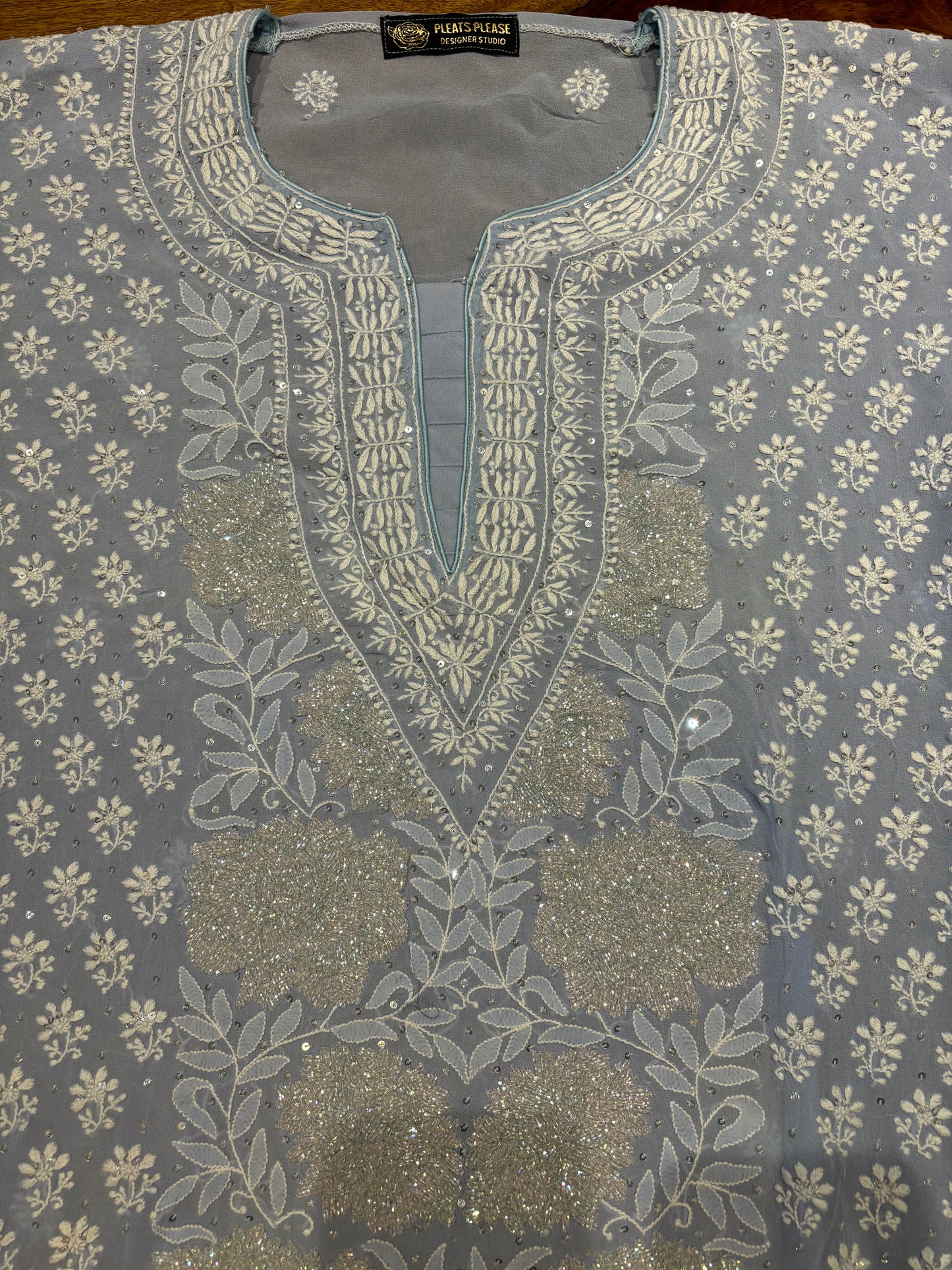 Iceberg Blue Pure Georgette Chikankari Kurta and Dupatta