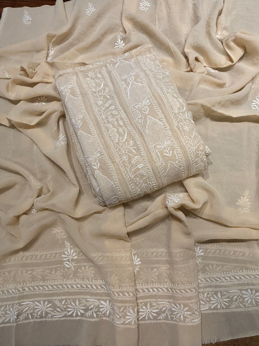 Beige Pure Georgette Chikankari Anarkali and Dupatta