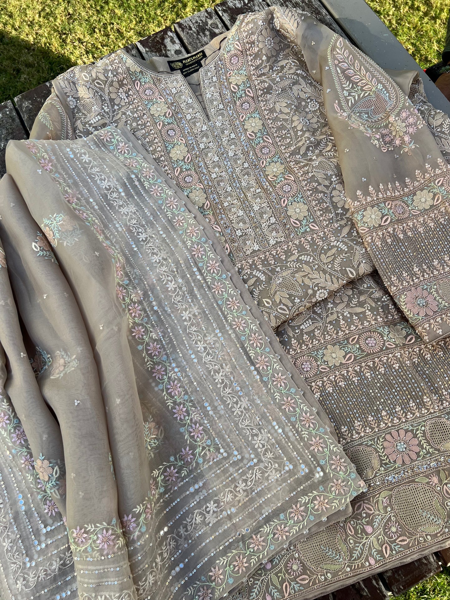 Brown Organza Silk Chikankari Kurta and Dupatta