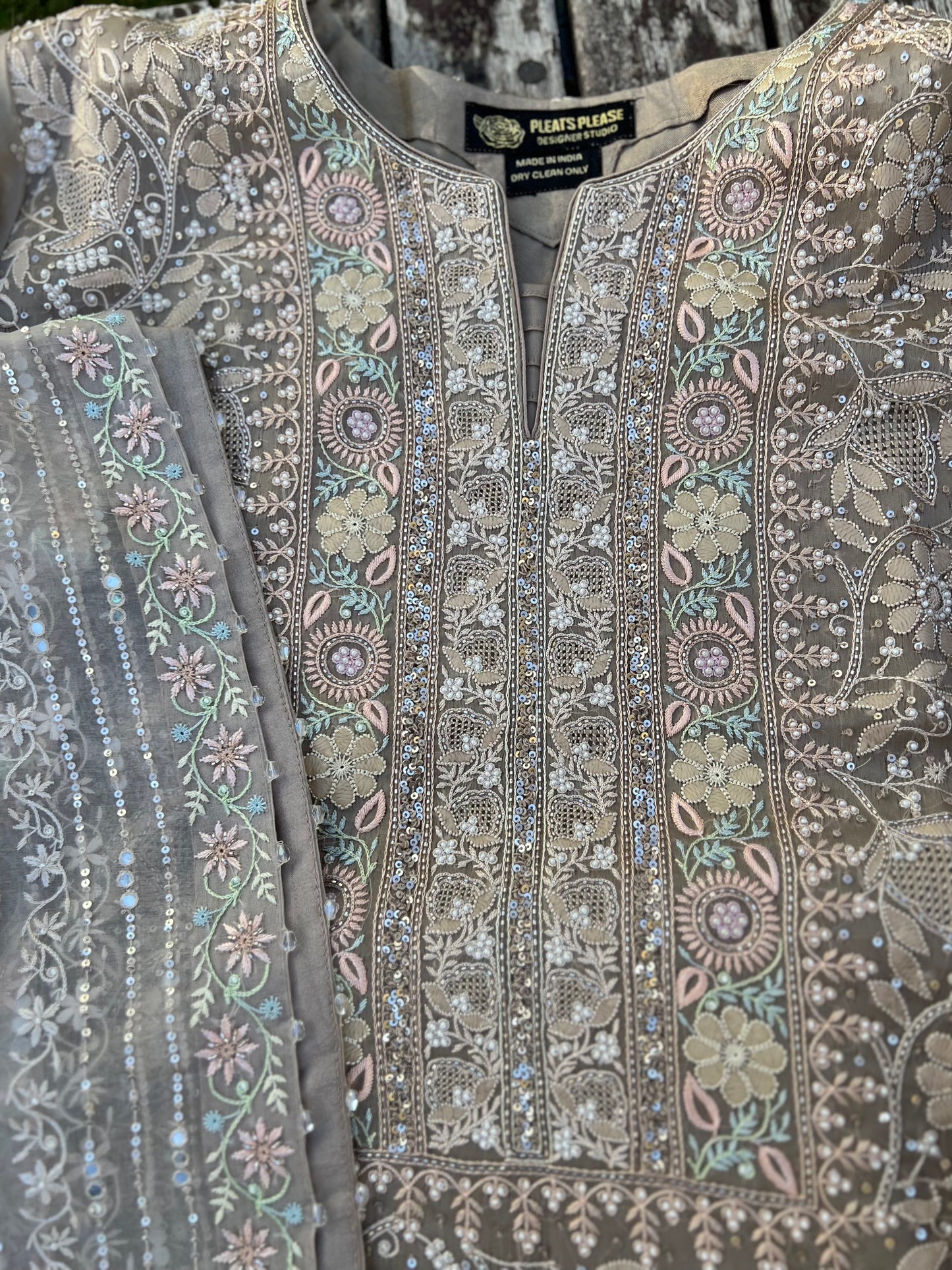Brown Organza Silk Chikankari Kurta and Dupatta