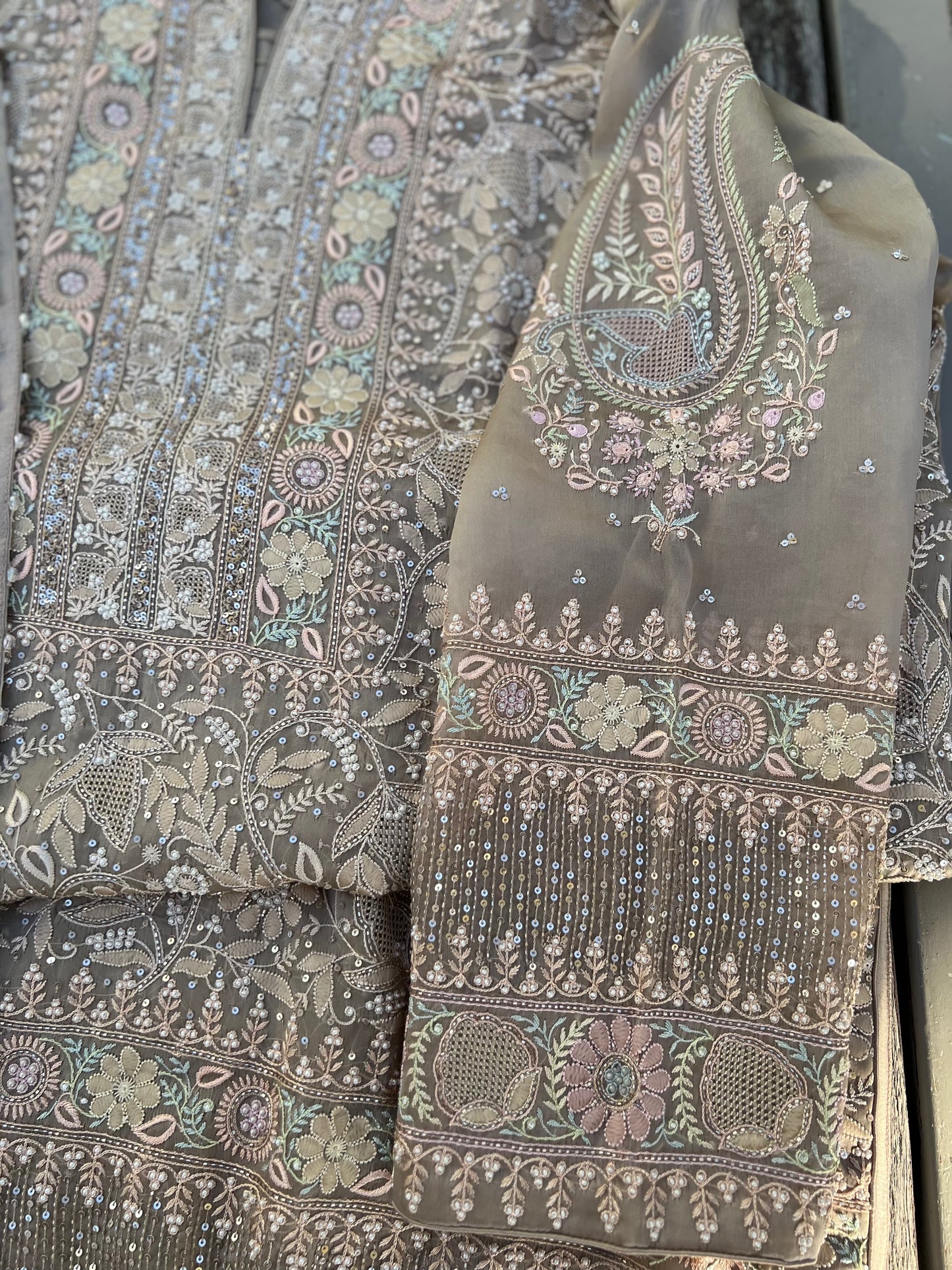 Brown Organza Silk Chikankari Kurta and Dupatta