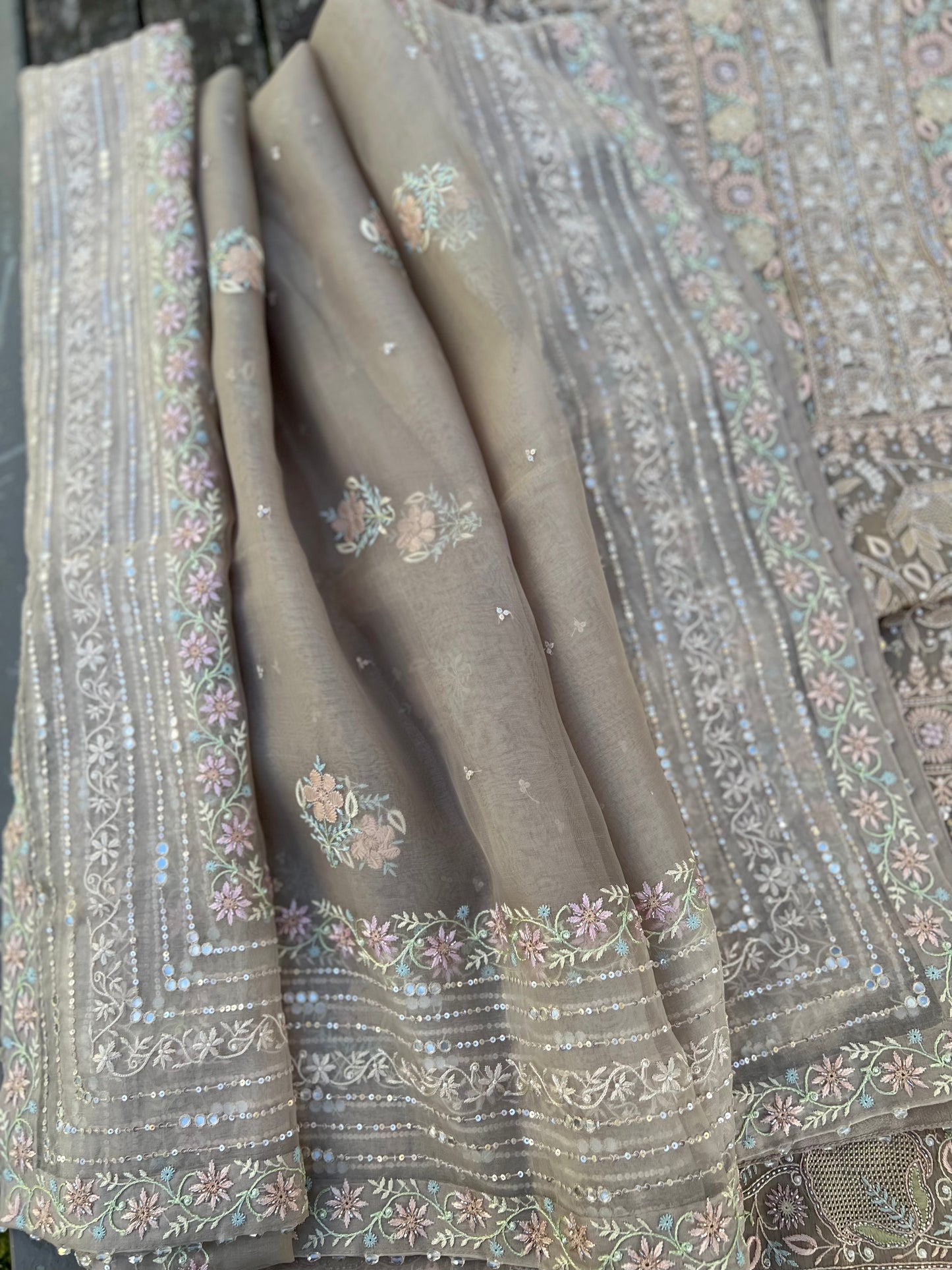 Brown Organza Silk Chikankari Kurta and Dupatta