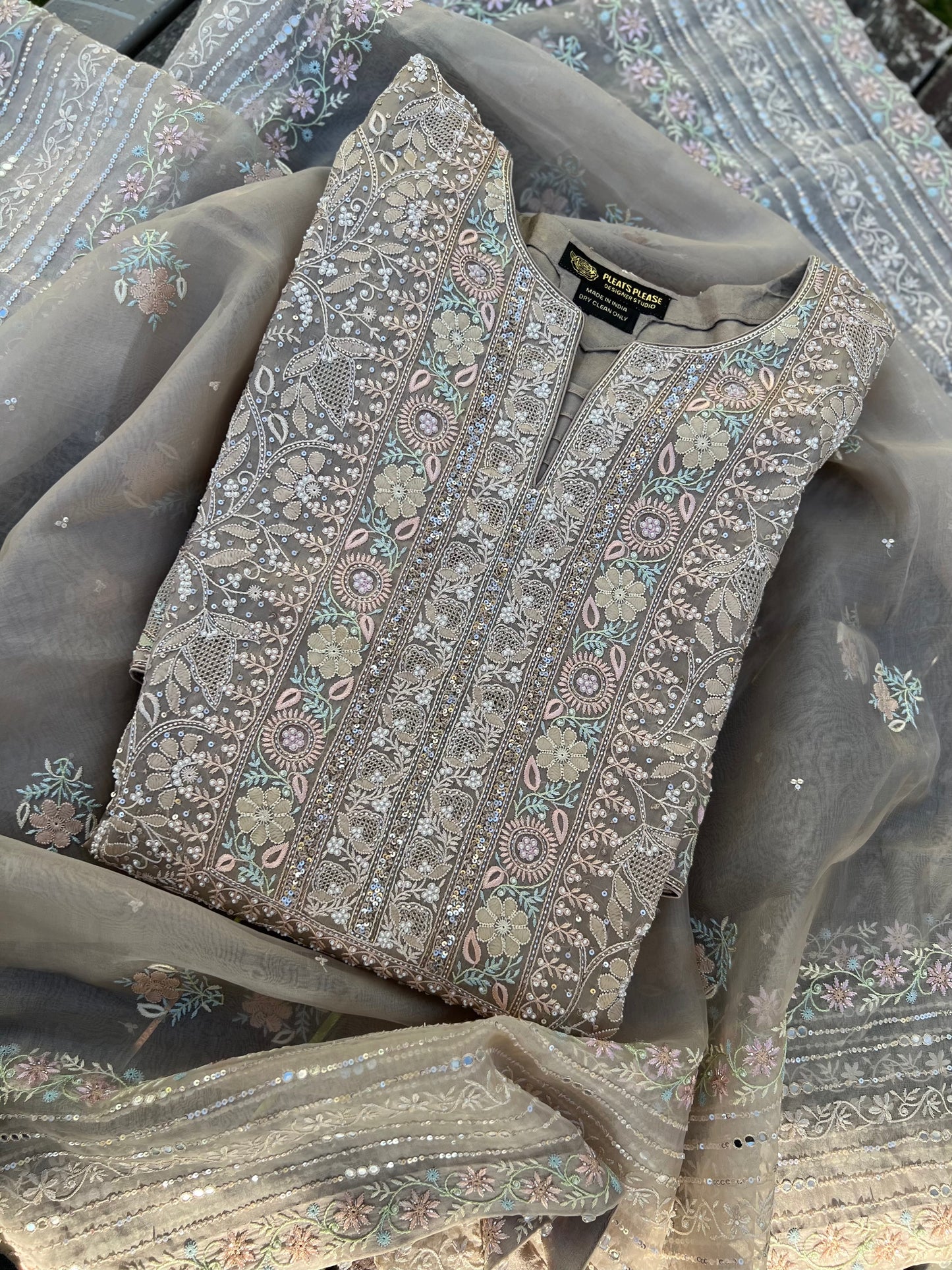 Brown Organza Silk Chikankari Kurta and Dupatta