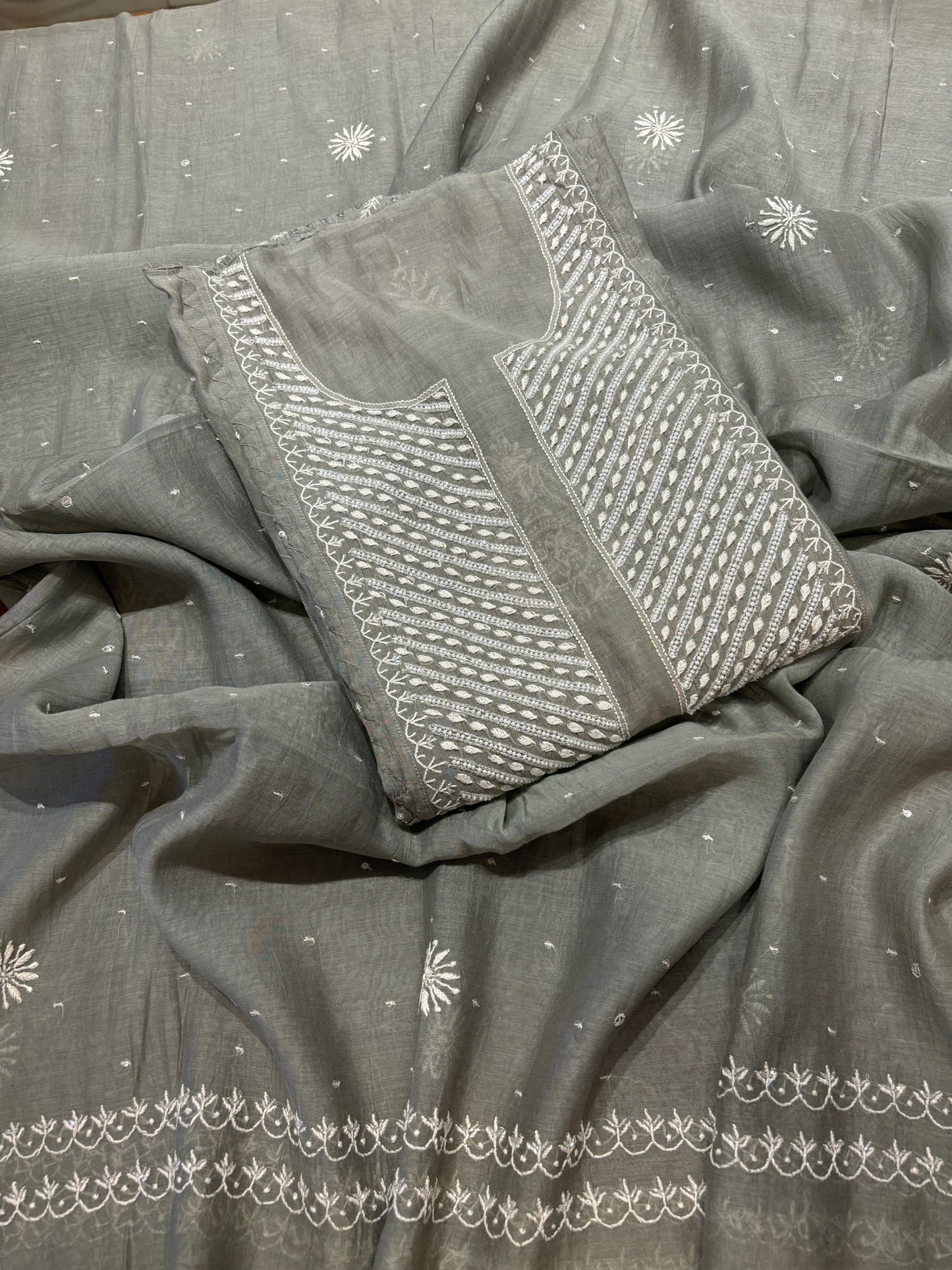 Juniper Green Chanderi Mul Chikankari Kurta and Dupatta
