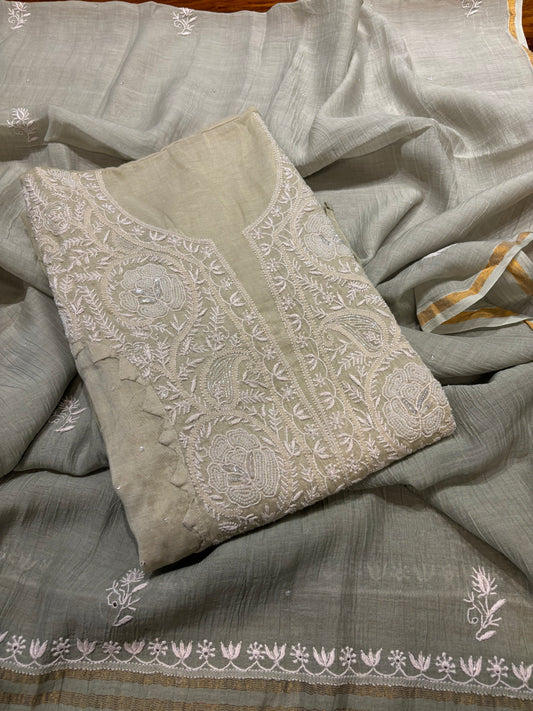 Sage Green Chanderi Mul Chikankari Kurta and Dupatta