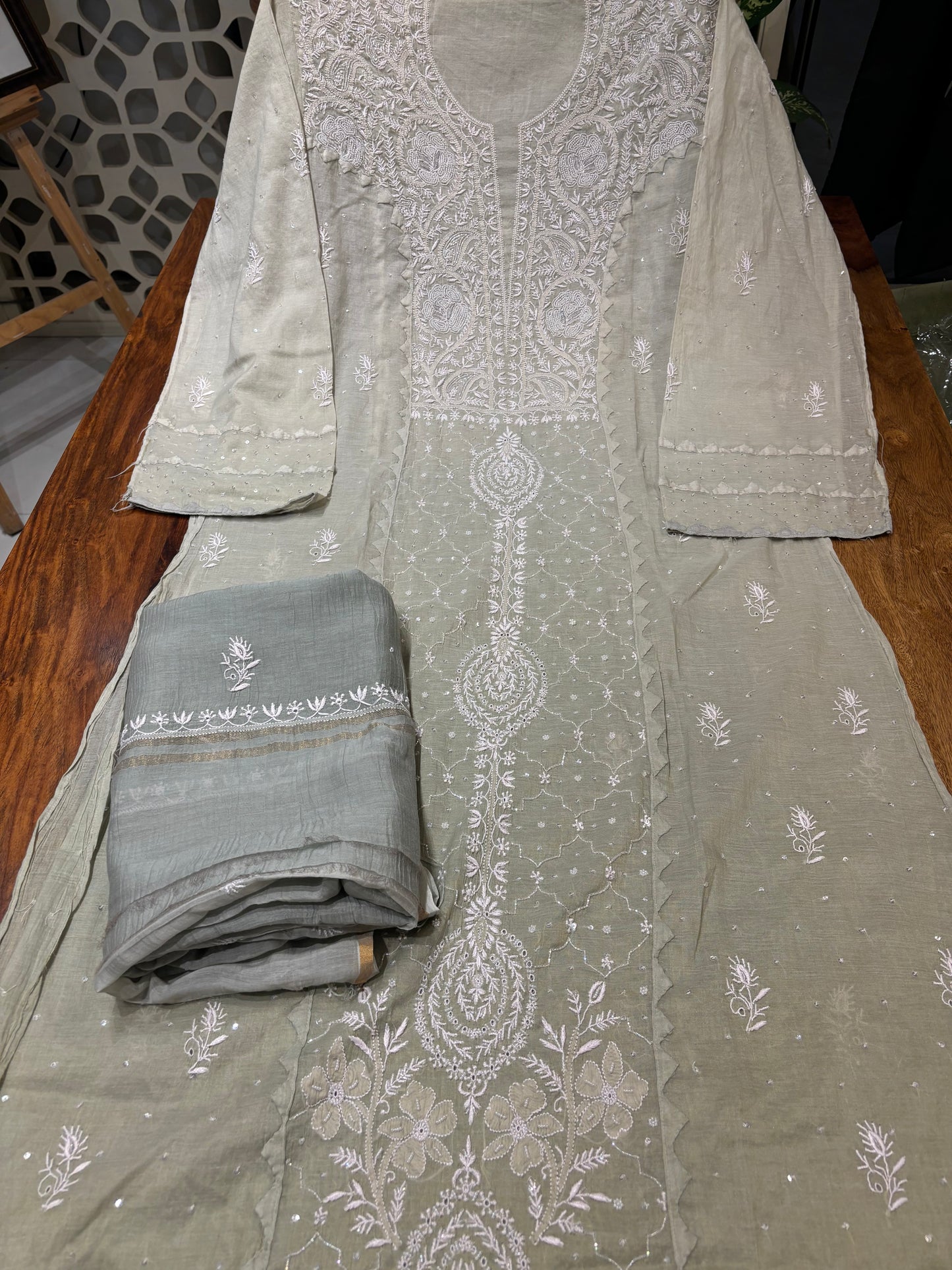 Sage Green Chanderi Mul Chikankari Kurta and Dupatta