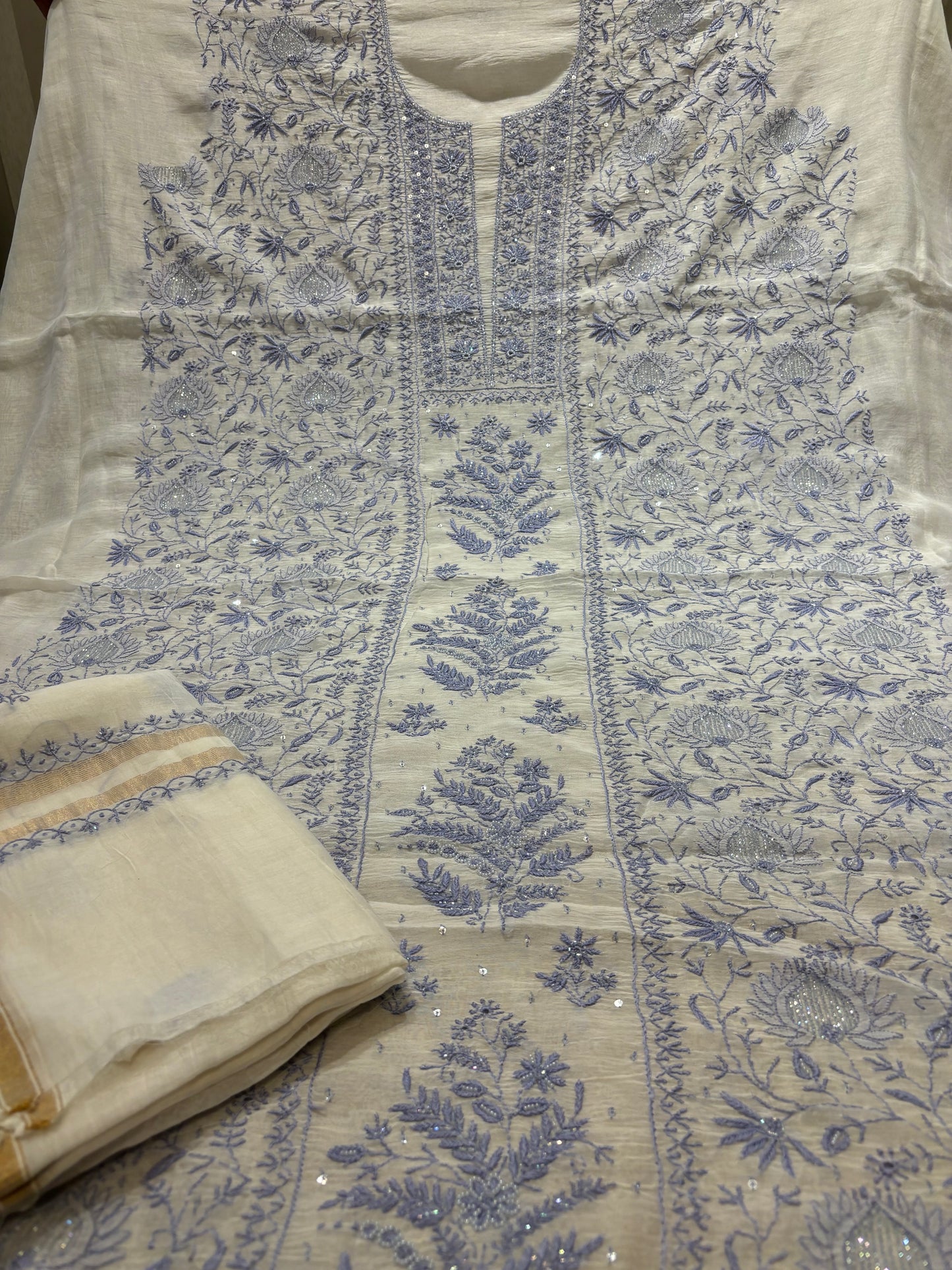 Dyeable Chanderi Mul Chikankari Kurta and Dupatta Fabric