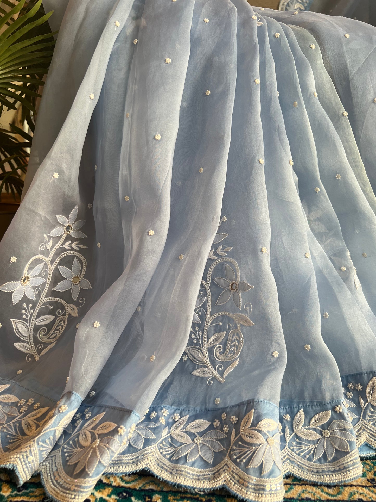 Sky Blue Organza Chikankari Saree and Blouse