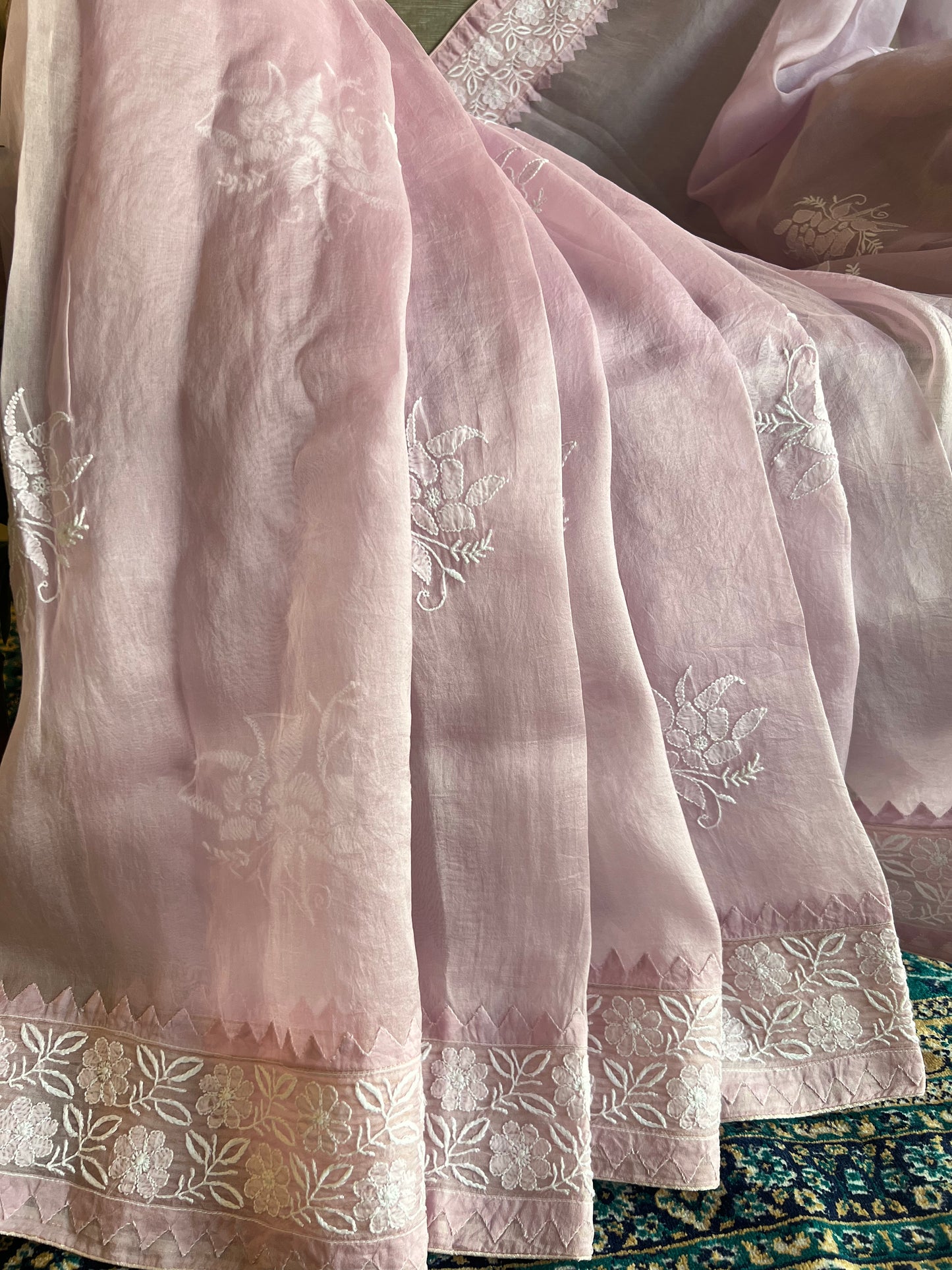 Lavender Organza Silk Chikankari Saree and Blouse